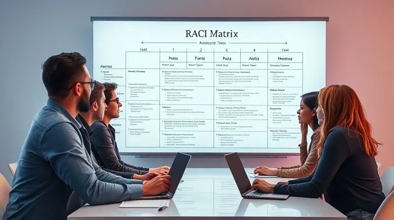 A photorealistic image of a diverse remote team collaboratively building a digital RACI matrix on a large shared virtual whiteboard, with clear roles and responsibilities highlighted, cinematic lighting, sharp focus on the interactive elements, 8K hyper-detailed.