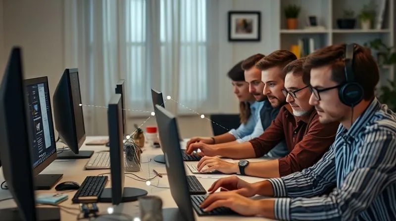 A photorealistic, professional photography, 8K, cinematic lighting, sharp focus, depth of field, shot on a high-end DSLR, of a diverse group of remote team members, each at their home office, looking intently at their screens, with a subtle overlay of digital connections linking them, forming a cohesive, focused unit. The image evokes a sense of unity and efficiency in a distributed environment.