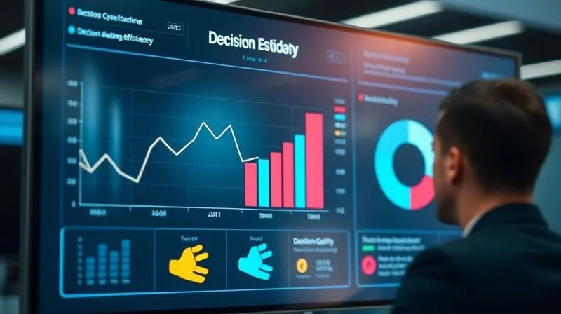 A photorealistic image of a sleek, modern digital dashboard displaying various metrics related to decision-making efficiency: a decreasing line graph for 'Decision Cycle Time', a rising bar chart for 'Decision Quality', and a pie chart for 'Feedback Participation'. The screen is sharp, with cinematic lighting, reflecting a professional looking at it intently, depth of field blurring the background, 8K hyper-detailed.