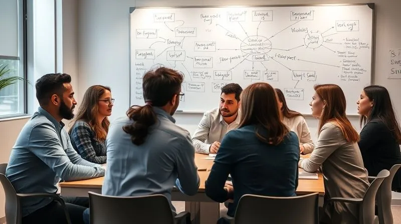 A photorealistic, professional photography, 8K, cinematic lighting, sharp focus, depth of field, shot on a high-end DSLR, depicting a diverse group of people (employees, customers, community members) gathered around a table, engaging in a thoughtful discussion, with a whiteboard in the background displaying interconnected ideas and feedback. The scene should convey collaboration and active listening.