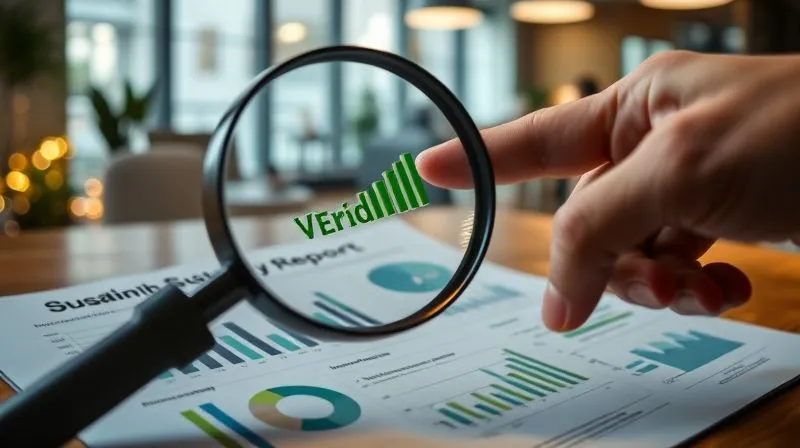 A photorealistic, professional photography, 8K, cinematic lighting, sharp focus, depth of field, shot on a high-end DSLR, of a magnifying glass hovering over a detailed corporate sustainability report, with various charts and data points visible. A trusted hand points to a verified data point, emphasizing scrutiny and authenticity, set against a backdrop of a modern, eco-friendly office interior.