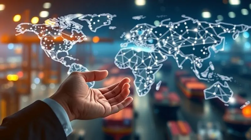A photorealistic, professional photography, 8K, cinematic lighting, sharp focus, depth of field, shot on a high-end DSLR, featuring a glowing network of interconnected data points and lines (symbolizing blockchain or data analytics) overlaid on a blurred image of a global supply chain (ships, factories). A human hand gestures towards the data, emphasizing control and transparency.