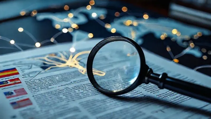 A photorealistic, professional photography, 8K, cinematic lighting, sharp focus, depth of field, shot on a high-end DSLR of a complex legal document with glowing lines connecting to various global flags, symbolizing the interconnectedness of international data privacy laws. A magnifying glass hovers over a key section, emphasizing scrutiny and compliance.