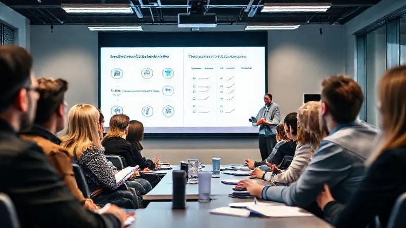 A photorealistic, professional photography, 8K, cinematic lighting, sharp focus, depth of field, shot on a high-end DSLR of a diverse group of employees in a modern training room, actively engaged with a presenter on a screen displaying data privacy icons and a compliance checklist. The atmosphere is collaborative and focused, with notes being taken.