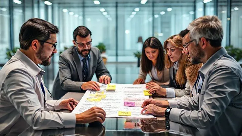 A photorealistic image of a diverse group of remote professionals collaborating on a digital document, with various virtual sticky notes and highlighted sections representing different state regulations. The scene is bright and modern, emphasizing connectivity and shared understanding, cinematic lighting, sharp focus, depth of field, 8K hyper-detailed. A photorealistic image of a diverse group of remote professionals collaborating on a digital document, with various virtual sticky notes and highlighted sections representing different state regulations. The scene is bright and modern, emphasizing connectivity and shared understanding, cinematic lighting, sharp focus, depth of field, 8K hyper-detailed.