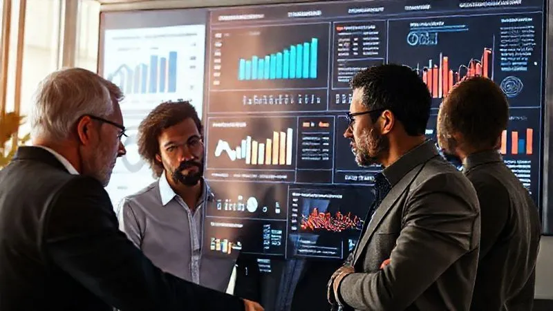 A photorealistic, professional photography, 8K, cinematic lighting, sharp focus, depth of field, shot on a high-end DSLR -- a diverse group of marketing strategists intensely analyzing a complex digital dashboard displaying brand sentiment, customer feedback graphs, and competitive market share data. Their faces show deep concentration and collaboration, with the screen's glow illuminating their thoughtful expressions. The setting is a modern, minimalist office, emphasizing strategic thinking and data-driven decisions. A photorealistic, professional photography, 8K, cinematic lighting, sharp focus, depth of field, shot on a high-end DSLR -- a diverse group of marketing strategists intensely analyzing a complex digital dashboard displaying brand sentiment, customer feedback graphs, and competitive market share data. Their faces show deep concentration and collaboration, with the screen's glow illuminating their thoughtful expressions. The setting is a modern, minimalist office, emphasizing strategic thinking and data-driven decisions.