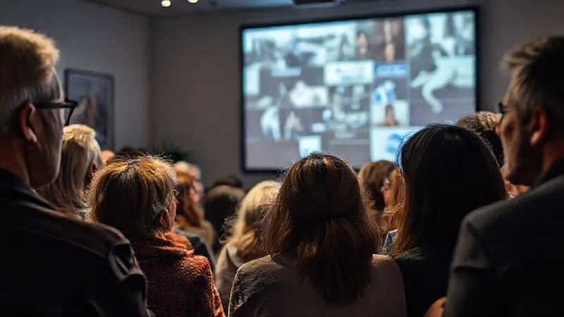 A photorealistic, professional photography, 8K, cinematic lighting, sharp focus, depth of field, shot on a high-end DSLR -- a diverse group of people from different generations gathered around a projector screen, watching a compelling brand story unfold. The screen shows a blend of archival images and modern graphics, symbolizing evolution. The faces in the audience show expressions of understanding, nostalgia, and optimism, reflecting a successful narrative that bridges past and future. The room is softly lit, creating an intimate, engaging atmosphere. A photorealistic, professional photography, 8K, cinematic lighting, sharp focus, depth of field, shot on a high-end DSLR -- a diverse group of people from different generations gathered around a projector screen, watching a compelling brand story unfold. The screen shows a blend of archival images and modern graphics, symbolizing evolution. The faces in the audience show expressions of understanding, nostalgia, and optimism, reflecting a successful narrative that bridges past and future. The room is softly lit, creating an intimate, engaging atmosphere.