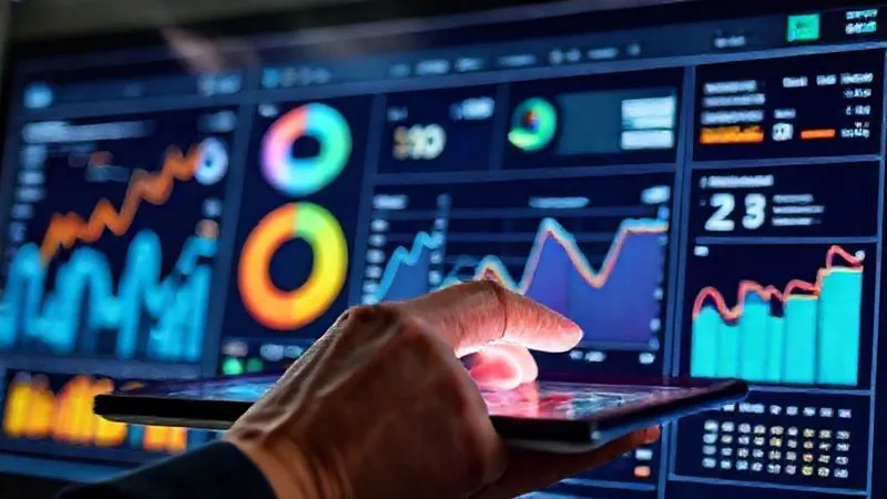 A photorealistic, professional photography, 8K, cinematic lighting, sharp focus, depth of field, shot on a high-end DSLR -- a sleek, futuristic digital dashboard displaying real-time marketing analytics. Key performance indicators like Brand Sentiment (positive/negative trends), Customer Loyalty (NPS scores, retention rates), and Sales Growth are prominently featured with vibrant graphs and clear numerical data. A human hand, partially visible, hovers over a tablet interacting with the dashboard, symbolizing active monitoring and data-driven decision-making. The background is slightly blurred, focusing attention on the metrics. A photorealistic, professional photography, 8K, cinematic lighting, sharp focus, depth of field, shot on a high-end DSLR -- a sleek, futuristic digital dashboard displaying real-time marketing analytics. Key performance indicators like Brand Sentiment (positive/negative trends), Customer Loyalty (NPS scores, retention rates), and Sales Growth are prominently featured with vibrant graphs and clear numerical data. A human hand, partially visible, hovers over a tablet interacting with the dashboard, symbolizing active monitoring and data-driven decision-making. The background is slightly blurred, focusing attention on the metrics.