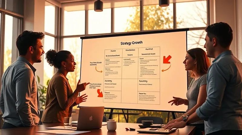 A photorealistic image of a diverse group of professionals in a modern, sunlit office, intensely brainstorming around a large projection of a business model canvas and a SWOT analysis, with glowing strategic arrows pointing towards growth. Professional photography, 8K, cinematic lighting, sharp focus on the team, depth of field blurring the background, shot on a high-end DSLR.