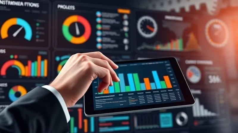 A photorealistic image of a complex financial dashboard displaying various metrics, risk indicators, and resource allocation charts, with a focused executive hand hovering over a digital tablet showing a project timeline. The background features blurred gears and cogs, symbolizing operational machinery. Professional photography, 8K, cinematic lighting, sharp focus on the dashboard and hand, depth of field blurring the background, shot on a high-end DSLR.