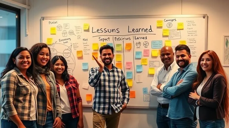A photorealistic image of a diverse team standing in front of a whiteboard covered with sticky notes and diagrams, some smiling, some deep in thought. One team member is pointing to a section labeled "Lessons Learned," with a positive and collaborative atmosphere. Professional photography, 8K, cinematic lighting, sharp focus on the team and whiteboard, depth of field blurring the background, shot on a high-end DSLR.