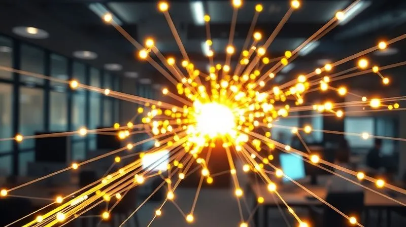 A photorealistic image of a vibrant, interconnected network of glowing lines and nodes expanding outwards from a central, brightly lit core, symbolizing growth, scalability, and sustained impact. The background is a subtly blurred modern office environment. Professional photography, 8K, cinematic lighting, sharp focus on the network, depth of field blurring the background, shot on a high-end DSLR.