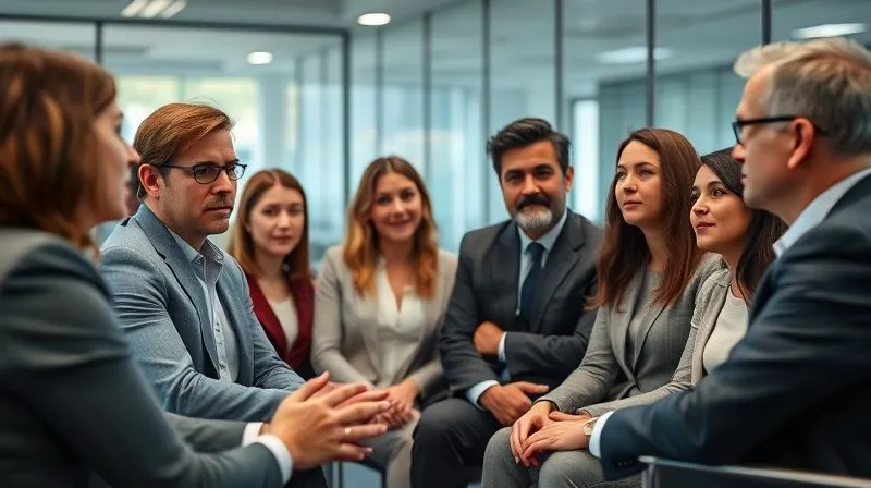 Photorealistic, professional photography, 8K, cinematic lighting, sharp focus, depth of field, shot on a high-end DSLR. A diverse group of employees in a modern office setting, engaged in a professional, empathetic discussion with a manager, symbolizing sensitive human capital management during a corporate transition or market exit. The atmosphere is supportive yet serious. Photorealistic, professional photography, 8K, cinematic lighting, sharp focus, depth of field, shot on a high-end DSLR. A diverse group of employees in a modern office setting, engaged in a professional, empathetic discussion with a manager, symbolizing sensitive human capital management during a corporate transition or market exit. The atmosphere is supportive yet serious.