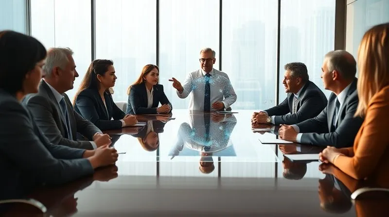 photorealistic, professional photography, 8K, cinematic lighting, sharp focus, depth of field, shot on a high-end DSLR, a diverse group of executives in a modern, sunlit boardroom, intently listening to a data scientist who is gesturing towards a holographic, simplified visual representation of complex data, conveying understanding and agreement. The atmosphere is collaborative and forward-thinking, with subtle reflections of data patterns on the table.