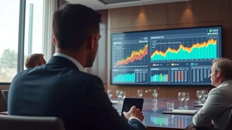 photorealistic, professional photography, 8K, cinematic lighting, sharp focus, depth of field, shot on a high-end DSLR, a dynamic and clean data visualization on a large screen in a boardroom, depicting clear trends and comparisons. The charts use vibrant but professional colors, with key insights highlighted by subtle glows. Executives are nodding in understanding, and the room feels illuminated by the clarity of the data.