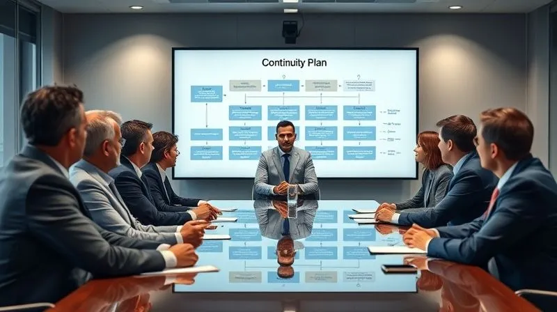 photorealistic, professional photography, 8K, cinematic lighting, sharp focus, depth of field, shot on a high-end DSLR, a diverse group of executives in a modern boardroom, one person at the head of the table confidently addressing the others, while a large digital screen in the background displays a 'Continuity Plan' flow chart, depicting stability amidst change.