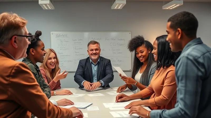photorealistic, professional photography, 8K, cinematic lighting, sharp focus, depth of field, shot on a high-end DSLR, a diverse team of employees gathered around a whiteboard, actively collaborating and smiling, with a leader facilitating the discussion, radiating a positive and engaged atmosphere despite recent changes, emphasizing resilience and unity.