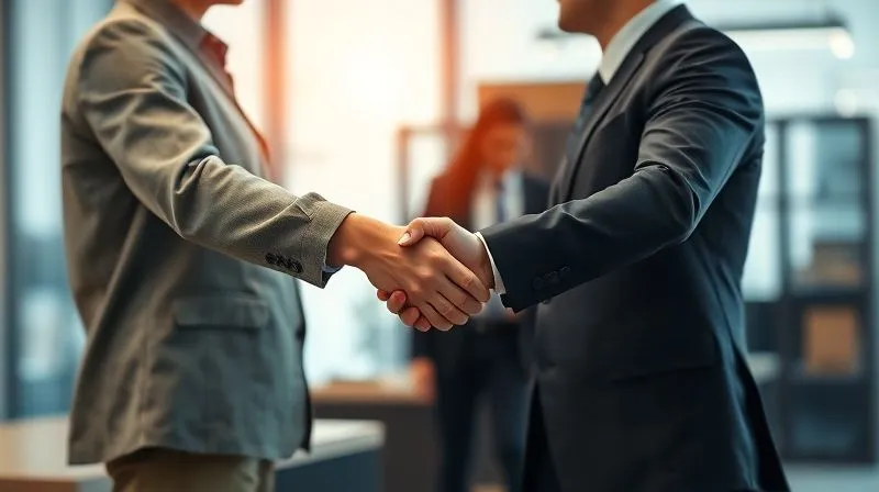 photorealistic, professional photography, 8K, cinematic lighting, sharp focus, depth of field, shot on a high-end DSLR -- A handshake between two professionals, one representing a social enterprise (wearing more casual, earthy tones) and the other a corporate executive (in a sharp business suit), against a subtly blurred background of a modern office and a community project. The image conveys successful collaboration and partnership, with a sense of shared purpose.