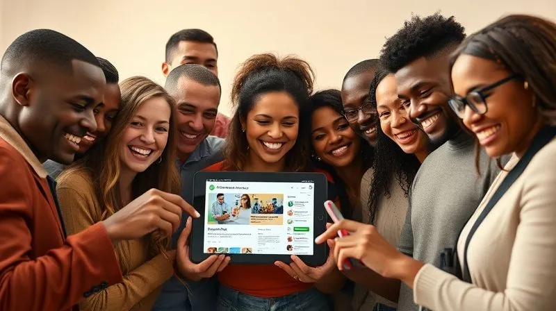 photorealistic, professional photography, 8K, cinematic lighting, sharp focus, depth of field, shot on a high-end DSLR -- A diverse group of people (different ages, ethnicities) gathered around a tablet displaying a crowdfunding campaign, some smiling and pointing, others with their phones, conveying a sense of community support and collective action. Soft, warm lighting highlights their faces, showing enthusiasm and connection.