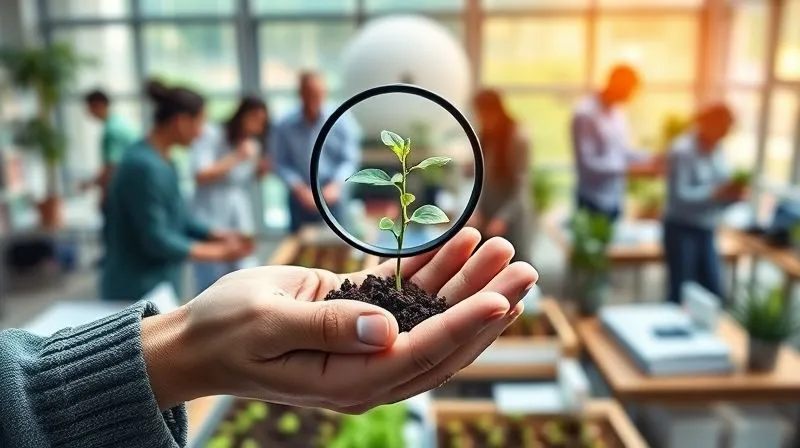 photorealistic, professional photography, 8K, cinematic lighting, sharp focus, depth of field, shot on a high-end DSLR -- Two hands, one holding a growing seedling and the other offering a magnifying glass over it, symbolizing nurturing and shared resources. The background is a collaborative, light-filled workspace with diverse people subtly working together, conveying a sense of teamwork and mutual support for a social cause.