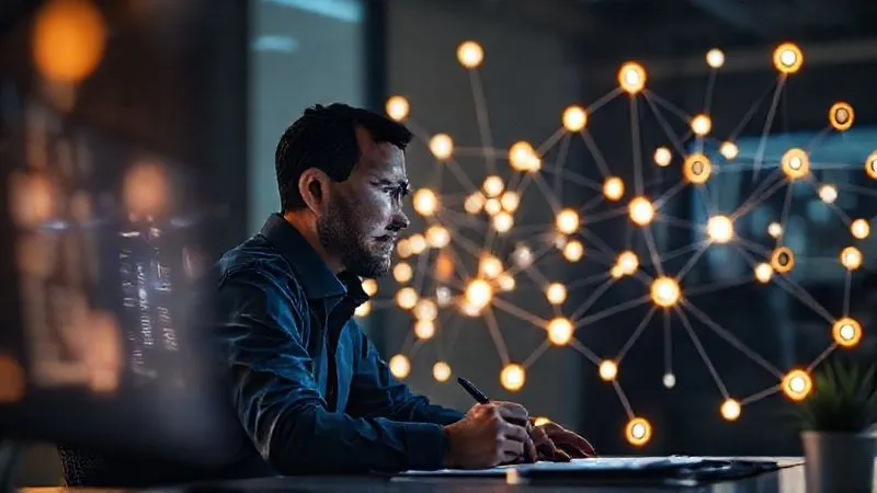 photorealistic, professional photography, 8K, cinematic lighting, sharp focus, depth of field, shot on a high-end DSLR. A founder at a desk, surrounded by a subtle, glowing network graph overlaying their screen, with specific, highlighted nodes representing key target individuals and organizations. The founder looks focused and strategic, perhaps with a pen in hand, planning connections. photorealistic, professional photography, 8K, cinematic lighting, sharp focus, depth of field, shot on a high-end DSLR. A founder at a desk, surrounded by a subtle, glowing network graph overlaying their screen, with specific, highlighted nodes representing key target individuals and organizations. The founder looks focused and strategic, perhaps with a pen in hand, planning connections.