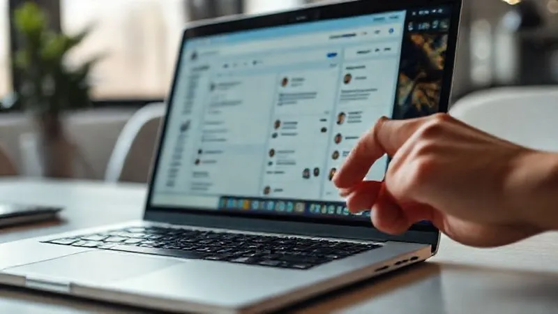 photorealistic, professional photography, 8K, cinematic lighting, sharp focus, depth of field, shot on a high-end DSLR. A laptop screen displaying a clean, modern digital networking interface, with profiles and conversation threads clearly visible. A hand is gently tapping on a touchpad, highlighting a specific, high-value connection or group. The background is slightly blurred, showing a modern workspace. photorealistic, professional photography, 8K, cinematic lighting, sharp focus, depth of field, shot on a high-end DSLR. A laptop screen displaying a clean, modern digital networking interface, with profiles and conversation threads clearly visible. A hand is gently tapping on a touchpad, highlighting a specific, high-value connection or group. The background is slightly blurred, showing a modern workspace.