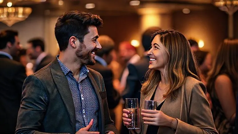 photorealistic, professional photography, 8K, cinematic lighting, sharp focus, depth of field, shot on a high-end DSLR. A dynamic, candid shot of two startup founders, one male and one female from diverse backgrounds, engaged in an animated, genuine conversation at a bustling but sophisticated networking event. They are smiling, making eye contact, with a sense of connection and idea exchange. The background shows other professionals mingling, with soft, elegant lighting. photorealistic, professional photography, 8K, cinematic lighting, sharp focus, depth of field, shot on a high-end DSLR. A dynamic, candid shot of two startup founders, one male and one female from diverse backgrounds, engaged in an animated, genuine conversation at a bustling but sophisticated networking event. They are smiling, making eye contact, with a sense of connection and idea exchange. The background shows other professionals mingling, with soft, elegant lighting.