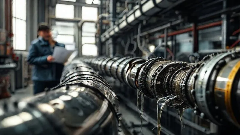 A photorealistic, professional photography, 8K, cinematic lighting, sharp focus, depth of field, shot on a high-end DSLR of a complex, futuristic innovation pipeline with several sections visibly broken, leaking, and clogged, symbolizing a failing commercialization process. Engineers in the background are looking at blueprints with concerned expressions.