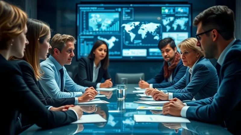 A photorealistic image of a diverse group of business professionals in a modern boardroom, engaged in an intense but collaborative discussion, with data projections on a transparent screen, cinematic lighting, 8K, sharp focus on the faces showing determination and collaboration, depth of field blurring the background.