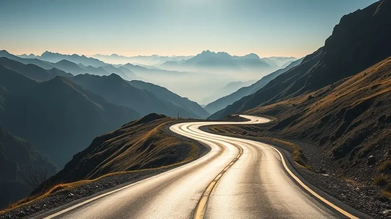 A photorealistic image of a winding mountain road leading towards a bright, expansive horizon, symbolizing a challenging but successful long-term journey for a business partnership. The road is well-maintained, with clear markers, indicating strategic planning. Cinematic lighting, 8K, sharp focus on the road ahead, depth of field blurring the distant mountains.