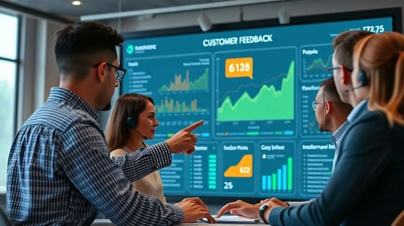 A photorealistic image of a diverse customer service team collaboratively analyzing a large digital dashboard showing customer feedback trends and incident reports, with one person pointing to a specific data point on a graph indicating a surge in complaints. Cinematic lighting, sharp focus, depth of field, 8K hyper-detailed, shot on a high-end DSLR.