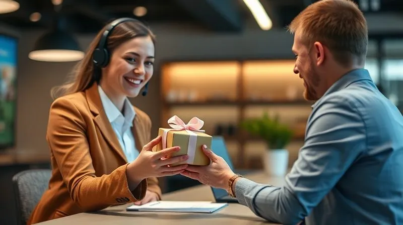 A photorealistic image showing a customer service representative (smiling, professional, wearing a headset) handing a small, elegantly wrapped gift box along with a personalized apology card to a customer (also smiling, relieved expression) at a modern, clean customer service desk. Cinematic lighting, sharp focus, depth of field, 8K hyper-detailed, shot on a high-end DSLR.