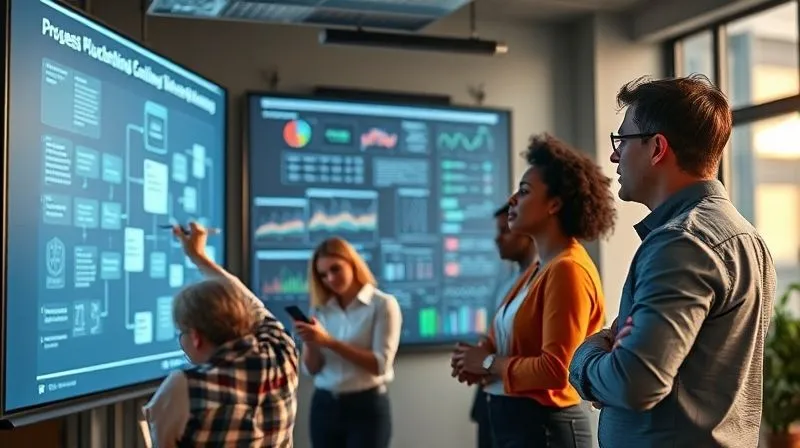 A photorealistic image of a diverse team in a modern office space collaboratively analyzing a large projection of process flowcharts and detailed data graphs. One team member is actively annotating the flowchart with a stylus, indicating a bottleneck or failure point, while others discuss solutions. Cinematic lighting, sharp focus, depth of field, 8K hyper-detailed, shot on a high-end DSLR.