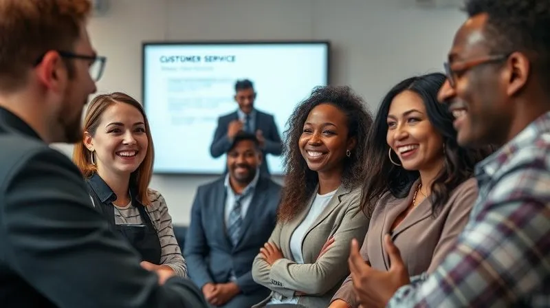 A photorealistic image of a diverse group of customer service professionals engaged in an interactive training session. They are smiling and actively participating in a role-playing exercise, with a skilled facilitator presenting on a large screen in the background. Cinematic lighting, sharp focus, depth of field, 8K hyper-detailed, shot on a high-end DSLR.