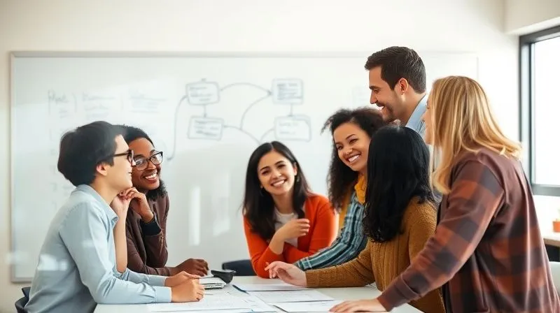 A photorealistic image of diverse team members openly sharing ideas around a glowing, interactive whiteboard in a modern, sunlit office. The atmosphere is vibrant and inclusive, with smiles and engaged expressions, embodying psychological safety and open communication. Professional photography, 8K, cinematic lighting, sharp focus, depth of field, shot on a high-end DSLR, conveying a sense of warmth and collective intelligence.