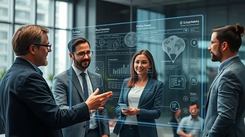 A photorealistic image of a diverse group of professionals interacting seamlessly with an advanced holographic interface, displaying project timelines, shared documents, and communication streams. The scene is futuristic yet grounded, emphasizing integrated technology facilitating effortless collaboration. Professional photography, 8K, cinematic lighting, sharp focus, depth of field, shot on a high-end DSLR, conveying efficiency and innovation.