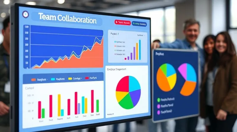 A photorealistic image of a vibrant, multi-colored dashboard displaying key performance indicators (KPIs) related to team collaboration: a rising line graph for project efficiency, a positive bar chart for employee engagement, and a pie chart showing cross-functional project distribution. The dashboard is clean, modern, and in sharp focus, with a diverse team in the softly blurred background looking on approvingly. Professional photography, 8K, cinematic lighting, sharp focus, depth of field, shot on a high-end DSLR, conveying clarity and progress.