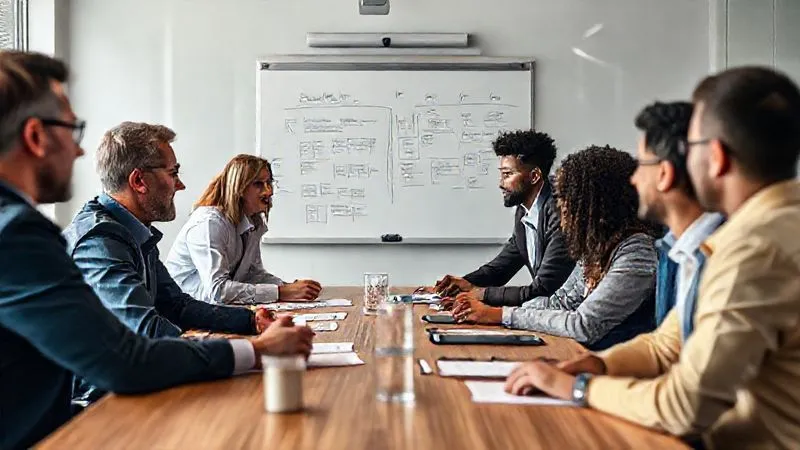 A photorealistic image of a diverse group of entrepreneurs and investors engaged in a constructive feedback session around a modern conference table. Whiteboard in the background with notes and diagrams. Cinematic lighting, sharp focus on the interactions and expressions, depth of field blurring the background, 8K hyper-detailed, shot on a high-end DSLR.