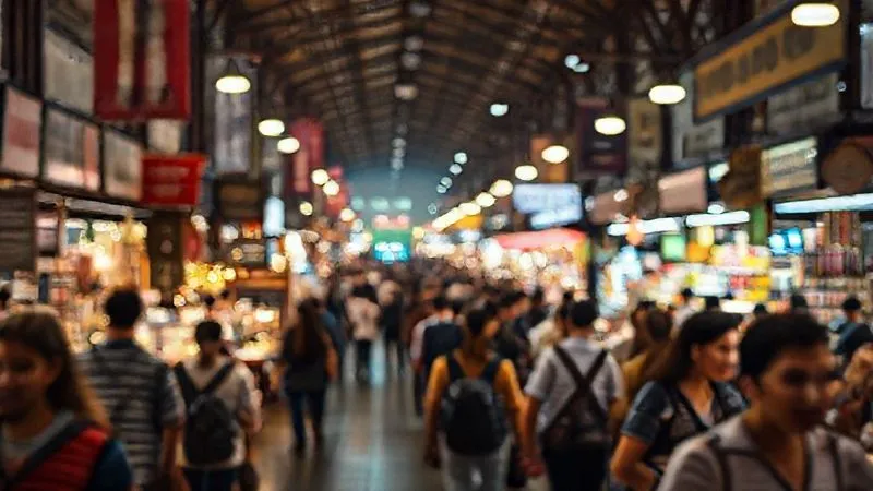 A photorealistic image of a large, vibrant market with diverse people, subtly overlaid with glowing data visualizations representing market growth and potential. Cinematic lighting, sharp focus on the market activity, depth of field blurring some elements, 8K hyper-detailed, shot on a high-end DSLR.