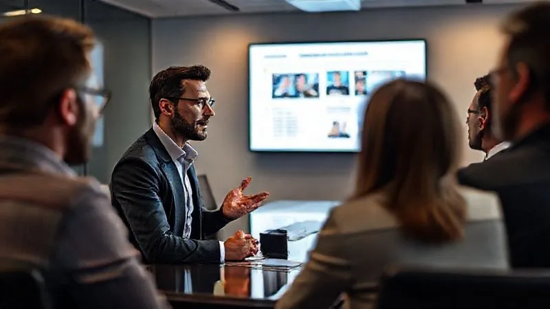 A photorealistic image of an entrepreneur confidently presenting a pitch in a modern boardroom, making eye contact with attentive investors. The pitch deck is displayed clearly on a screen. Cinematic lighting, sharp focus on the presenter and their interaction, depth of field blurring the background, 8K hyper-detailed, shot on a high-end DSLR.