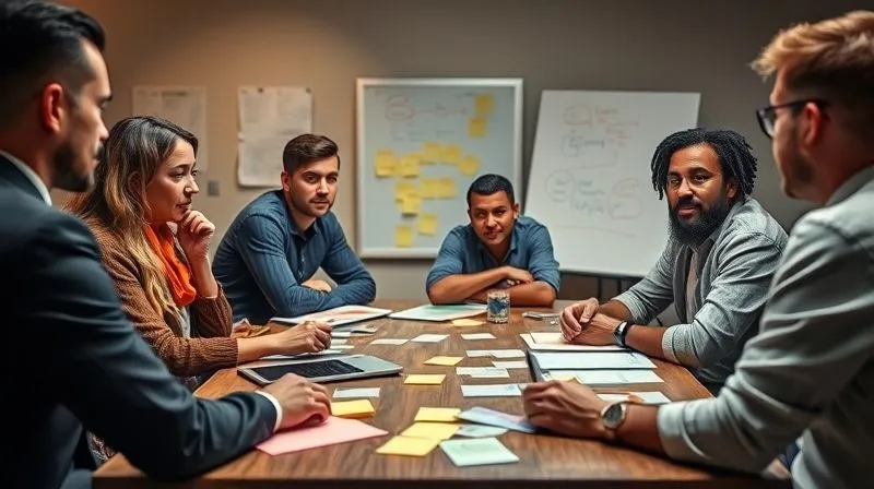 A diverse agile team sitting around a table, engaged in a retrospective meeting, using sticky notes and whiteboards, looking thoughtful and collaborative, professional photography, 8K, cinematic lighting, sharp focus, depth of field, shot on a high-end DSLR.