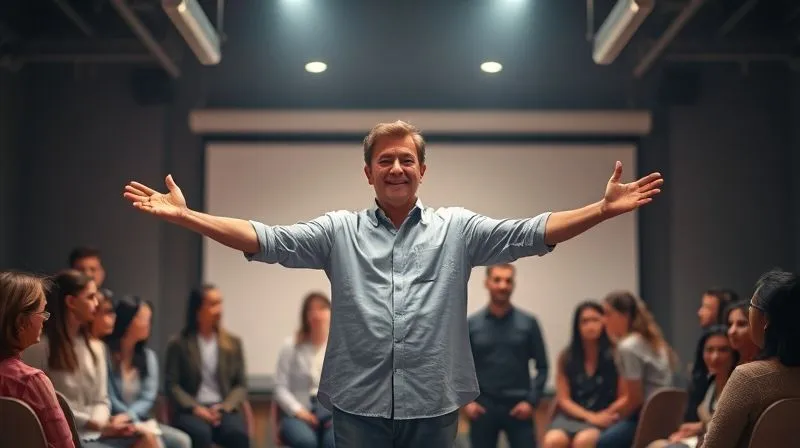 A leader standing in front of an agile team, gesturing supportively, while holding back external distractions and noise with an outstretched arm, symbolizing protection and empowerment, professional photography, 8K, cinematic lighting, sharp focus, depth of field, shot on a high-end DSLR.