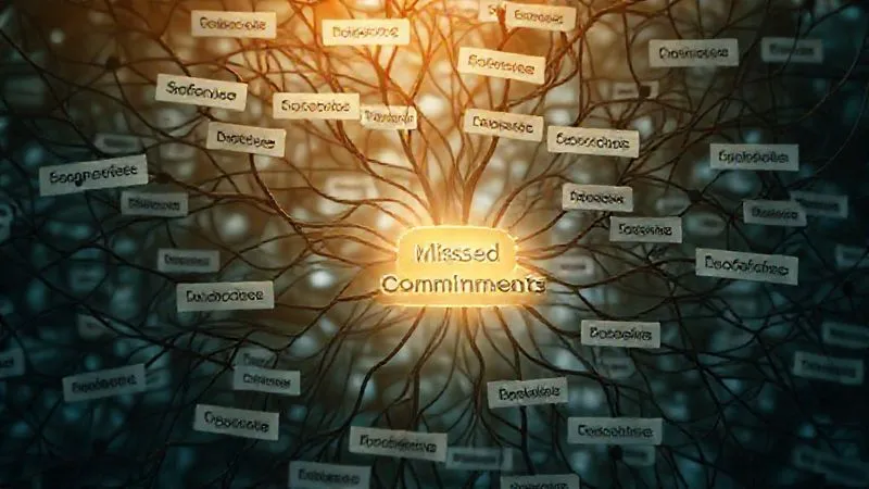 A photorealistic 8K image depicting a complex, tangled web of interconnected issues, each labeled with agile problems like 'Scope Creep', 'Poor Estimation', 'Dependencies', and 'Burnout', with a central glowing node representing 'Missed Commitments'. The image should have cinematic lighting and a sharp focus on the central node, with depth of field blurring the background. A photorealistic 8K image depicting a complex, tangled web of interconnected issues, each labeled with agile problems like 'Scope Creep', 'Poor Estimation', 'Dependencies', and 'Burnout', with a central glowing node representing 'Missed Commitments'. The image should have cinematic lighting and a sharp focus on the central node, with depth of field blurring the background.
