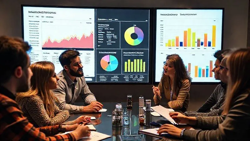 A photorealistic 8K image of a diverse agile team gathered around a large digital screen displaying various data visualizations: a burndown chart showing historical velocity, a pie chart of impediment types, and a bar chart of completed vs. committed story points. The team members are actively discussing, pointing at insights, and taking notes, with cinematic lighting highlighting their focused expressions. Shot on a high-end DSLR. A photorealistic 8K image of a diverse agile team gathered around a large digital screen displaying various data visualizations: a burndown chart showing historical velocity, a pie chart of impediment types, and a bar chart of completed vs. committed story points. The team members are actively discussing, pointing at insights, and taking notes, with cinematic lighting highlighting their focused expressions. Shot on a high-end DSLR.