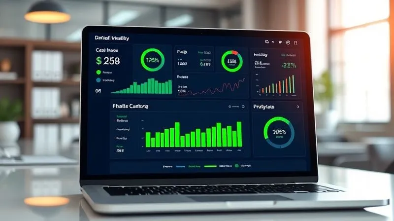 A photorealistic, highly organized digital dashboard displaying various financial health metrics (cash flow, profit/loss, balance sheet summary) with green positive indicators. The screen is on a modern laptop in a clean, professional office setting. Cinematic lighting, sharp focus on the screen, depth of field. 8K hyper-detailed, shot on a high-end DSLR. A photorealistic, highly organized digital dashboard displaying various financial health metrics (cash flow, profit/loss, balance sheet summary) with green positive indicators. The screen is on a modern laptop in a clean, professional office setting. Cinematic lighting, sharp focus on the screen, depth of field. 8K hyper-detailed, shot on a high-end DSLR.