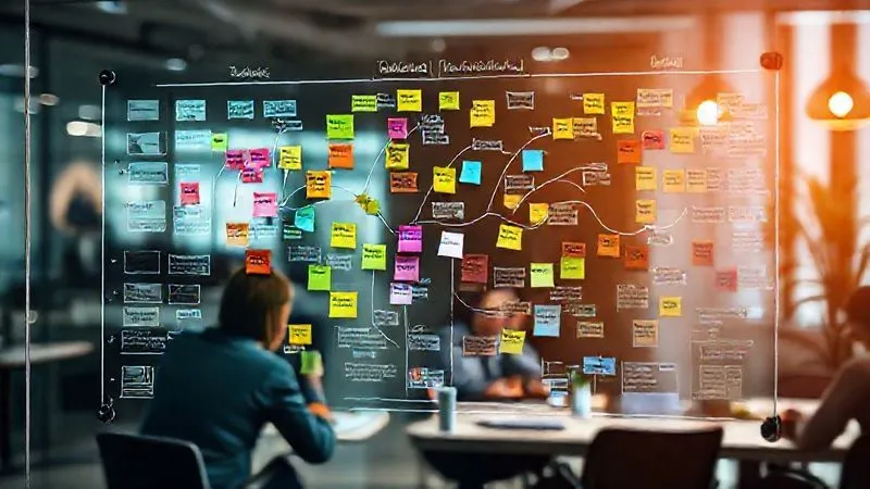 A photorealistic, detailed customer journey map projected onto a modern, glass whiteboard in a collaborative office setting. Various colored sticky notes and digital annotations highlight different touchpoints and emotional states. 8K, cinematic lighting, sharp focus on the map details, depth of field blurring the background, shot on a high-end DSLR, conveying strategic analysis. A photorealistic, detailed customer journey map projected onto a modern, glass whiteboard in a collaborative office setting. Various colored sticky notes and digital annotations highlight different touchpoints and emotional states. 8K, cinematic lighting, sharp focus on the map details, depth of field blurring the background, shot on a high-end DSLR, conveying strategic analysis.