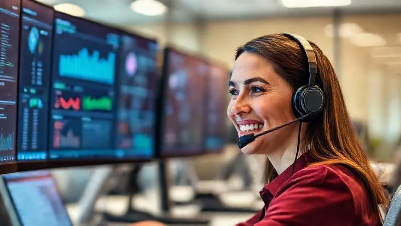 A photorealistic image of a customer service agent wearing a headset, smiling genuinely while looking at a multi-screen setup displaying customer data and proactive support alerts. The background is a modern, clean call center environment. 8K, cinematic lighting, sharp focus on the agent's face, depth of field blurring the background, shot on a high-end DSLR, conveying efficiency and empathy. A photorealistic image of a customer service agent wearing a headset, smiling genuinely while looking at a multi-screen setup displaying customer data and proactive support alerts. The background is a modern, clean call center environment. 8K, cinematic lighting, sharp focus on the agent's face, depth of field blurring the background, shot on a high-end DSLR, conveying efficiency and empathy.