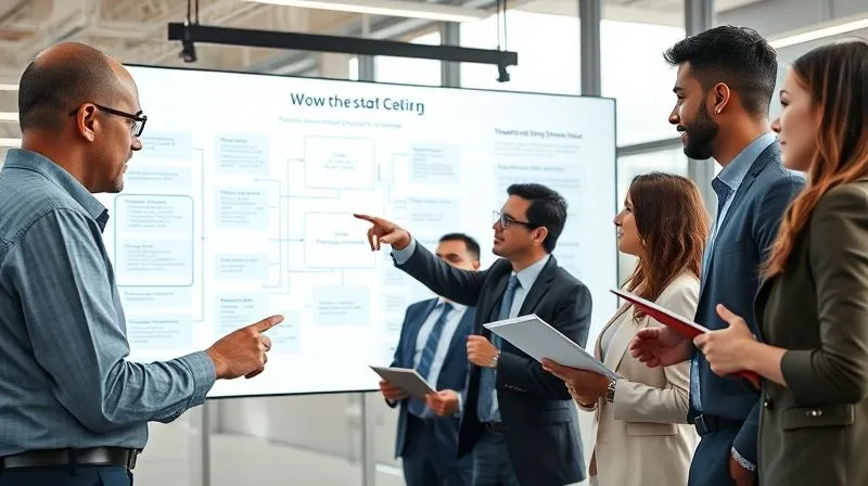A photorealistic image of a diverse team of professionals (men and women of various ethnicities) collaborating around a large interactive digital screen displaying a complex workflow diagram. They are pointing, discussing, and making notes, symbolizing cross-functional collaboration and problem-solving. The atmosphere is bright, focused, and professional. Professional photography, 8K, cinematic lighting, sharp focus, depth of field, shot on a high-end DSLR.