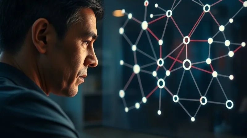photorealistic, professional photography, 8K, cinematic lighting, sharp focus, depth of field, shot on a high-end DSLR, a person meticulously examining a complex, glowing network diagram projected onto a translucent screen, with nodes representing customer touchpoints and red lines indicating friction. The person's face shows deep concentration, in a modern, subtly lit office.