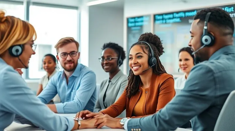 photorealistic, professional photography, 8K, cinematic lighting, sharp focus, depth of field, shot on a high-end DSLR, a diverse group of customer service agents in a bright, modern training room, actively engaged in a role-playing exercise with a mentor. Their expressions are focused and collaborative, with digital screens showing positive customer feedback metrics in the background.